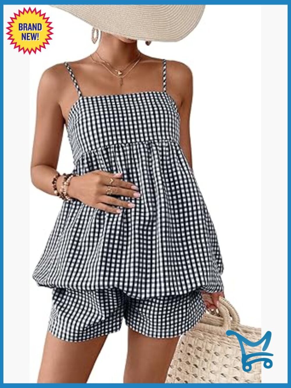 Maternity 2 Piece Outfits Plaid Peplum Bubble Cami Top and Shorts Sets